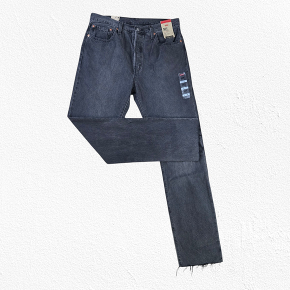 Levi's 501 Washed Black High Waisted Raw Hem Classic Straight Leg Jeans Size 32 - Picture 1 of 11